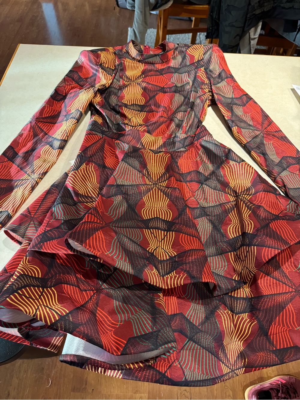 Long-Sleeve Fit & Flare Dress in Red and Orange Geometric Print